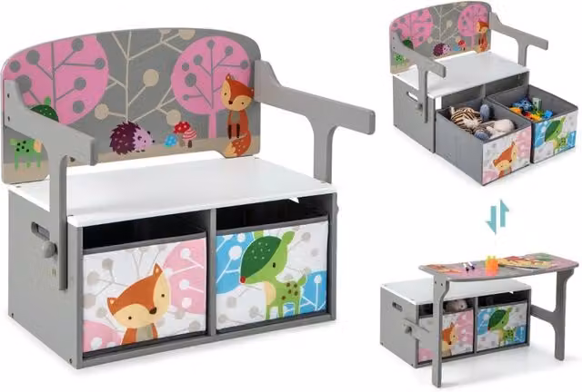 Set tavolo e sedie per bambini Design Mania con panchina convertibile e 2 cassetti in tessuto, Grigio