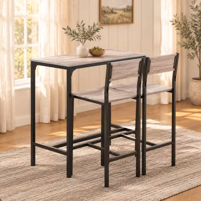 Set tavolo e sedie con 1 tavolo e 2 sedie, poggiapiedi integrato, schienale alto, MDF e metallo, finitura naturale