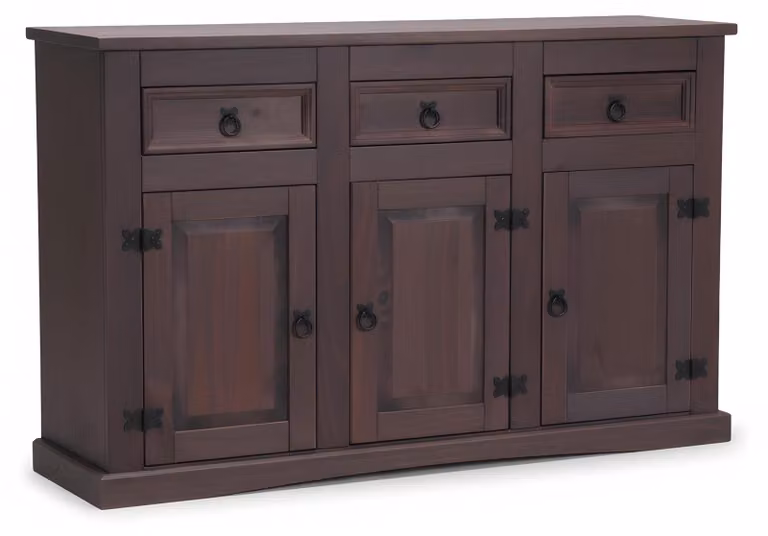 Credenza New Mexico con 3 cassetti e 3 ante larghezza 132 cm, altezza 84 cm tinta coloniale/cera.