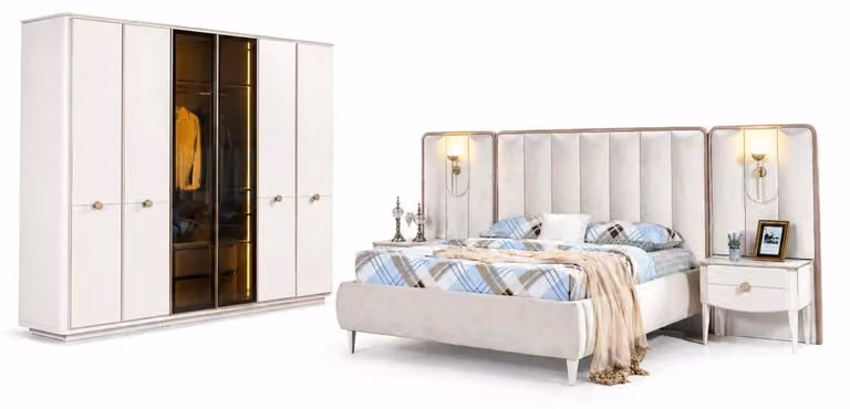 Camera da letto: letto, comodini, armadio completo, design moderno
