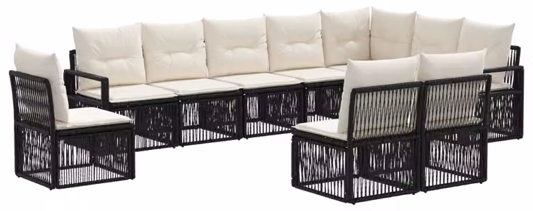 Set da giardino composto da 10 pezzi, colore nero, realizzato in rattan sintetico