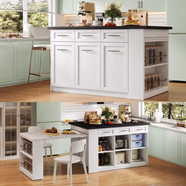 Isola da cucina allungabile con tavolo da pranzo ¨C Minimal ¨C bianco/nero effetto marmo legno 150x96cm
