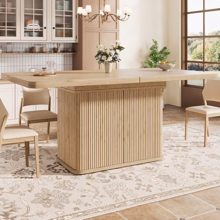 Tavolo allungabile con vano contenitore nascosto e piano ribaltabile, tavolo da cucina con decorazioni a rilievo verticali, tavolo da pranzo 140-180 cm, aspetto legno chiaro
