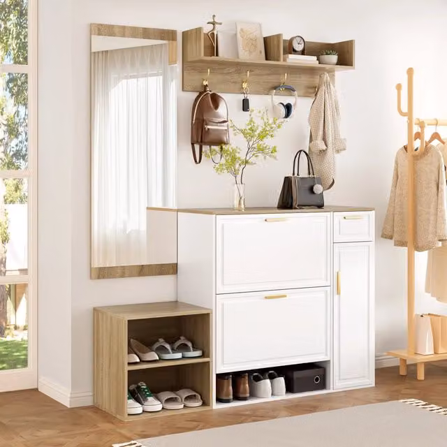 Set di mobili da ingresso 4 pezzi con scarpiera panca appendiabiti e specchio bianco naturale 139;5 × 35 × 166 cm