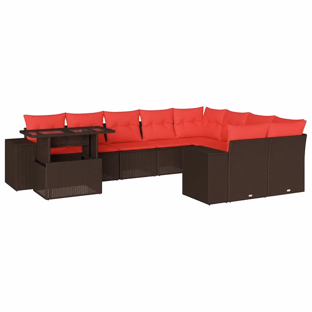 Set da giardino vidaXL composto da 10 pezzi in rattan e metallo con cuscini marroni e rossi e tavolino da caffè – 2