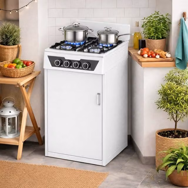 Cucina a gas da esterni Bakaji con 4 fuochi, portabombola e paravento, in acciaio inox e metallo, colore bianco, L: 80.0 cm, P: 48.5 cm, H: 45.5 cm – 1