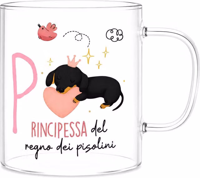 Mug a forma di lettera P in vetro borosilicato trasparente con coperchio Borostories, 440 ml