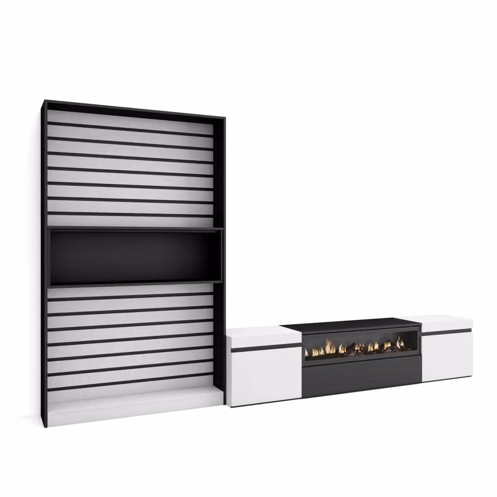 Mobile TV da soggiorno SKRAUT HOME con camino elettrico, per TV fino a 80 pollici, Bianco e nero, L: 310 cm, P: 35 cm, H: 186 cm – 2