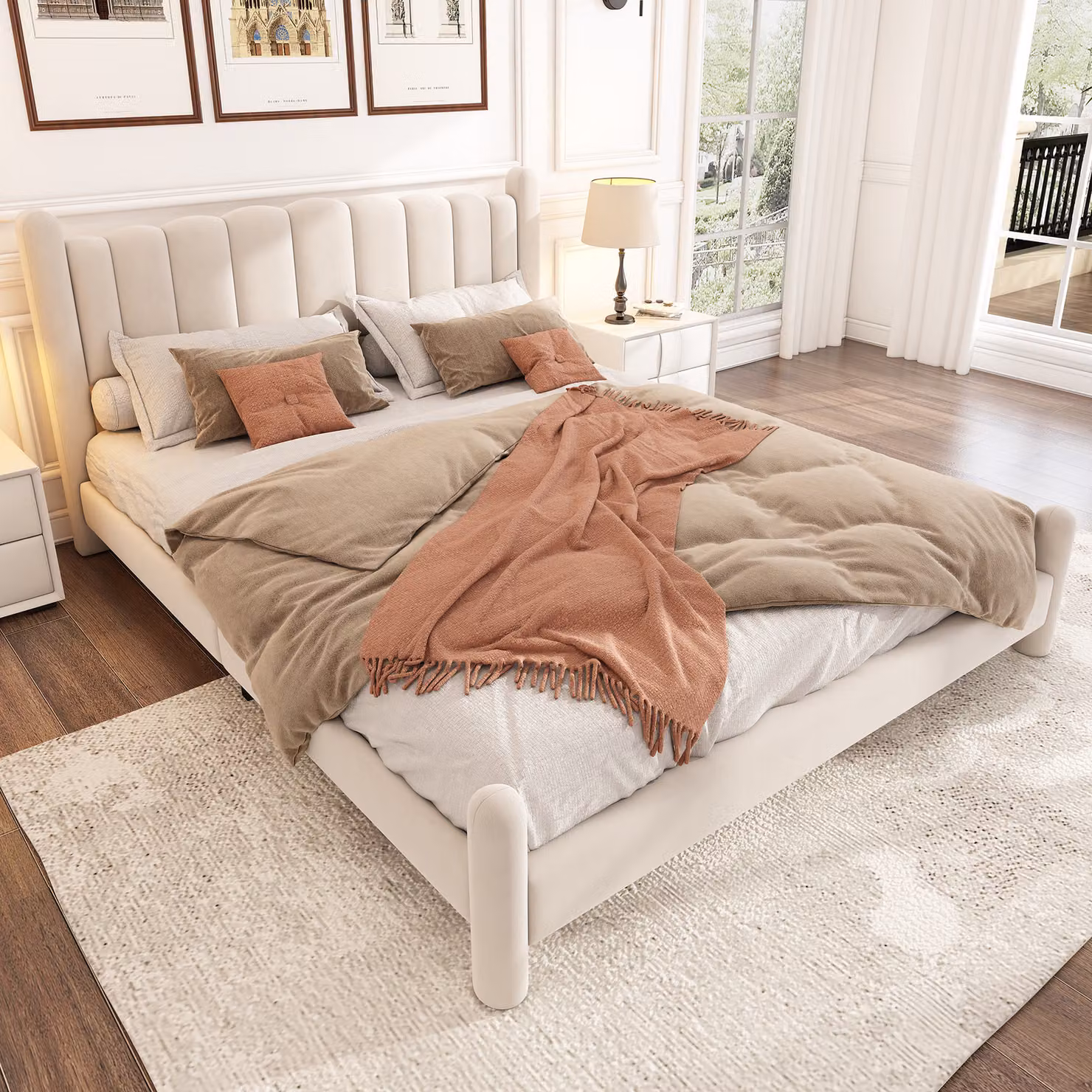 okwish Letto imbottito 180x200 cm con rete, Letto matrimoniale per ragazzi con testiera e gambe cilindriche, Letto matrimoniale classico, Velluto (senza materasso), Beige