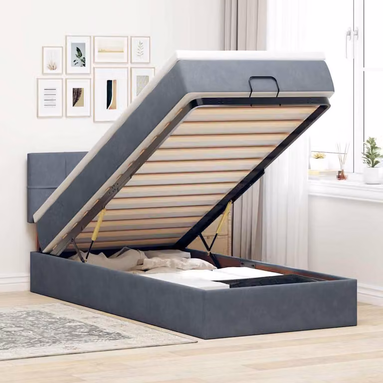 vidaXL Struttura Letto con Materasso e Contenitore a Sollevamento in Velluto Grigio e Bianco 180x200 cm