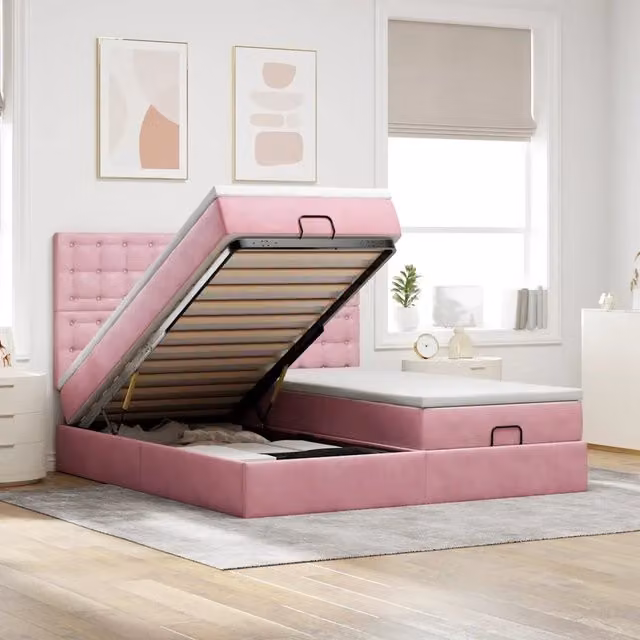 Letto con Contenitore a Sollevamento vidaXL in Velluto Rosa e Bianco con Porte USB e Illuminazione Sotto il Letto L/P/H: 160 x 200 x 128 cm