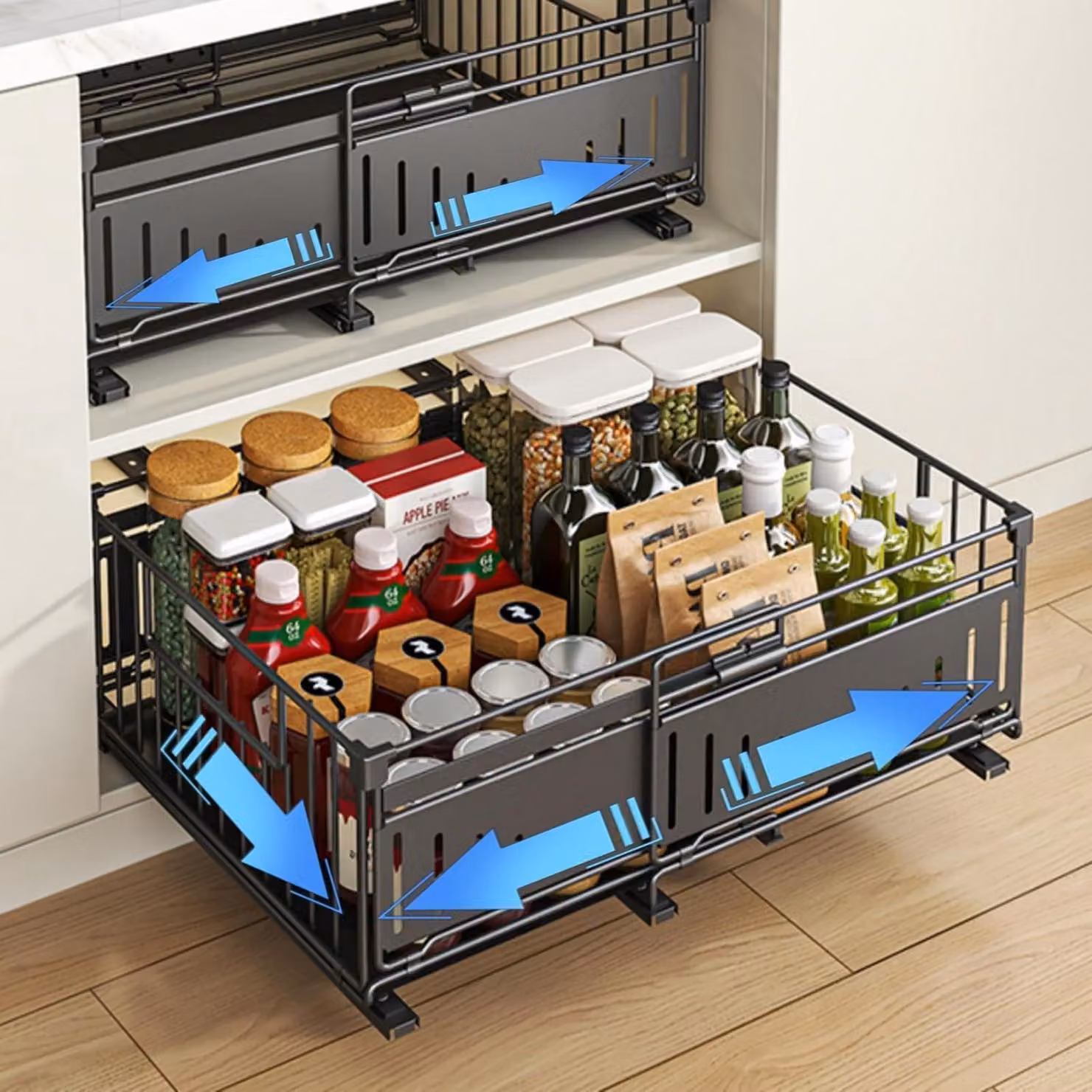 Organizzatore per cucina, cassetto telescopico estraibile, 32,5-50 cm, colore nero, confezione da 2 pezzi