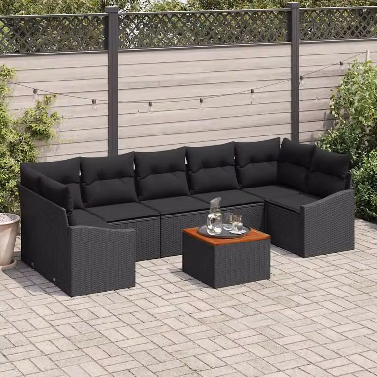 Set Divano da Giardino a L vidaXL 8 Pezzi con Cuscini e Contenitore Nero
