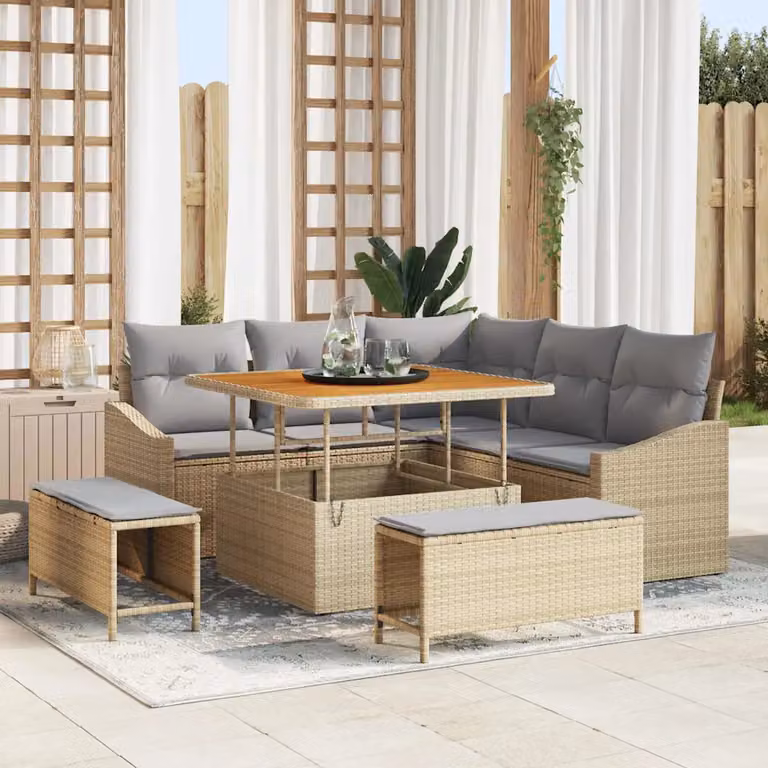 Set Divano da Giardino vidaXL 8 Pezzi in Polyrattan Beige con Cuscini e Tavolino da Esterno
