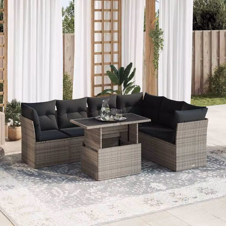 Set Divani da Giardino vidaXL 7 Pezzi in Polyrattan Grigio con Cuscini e Tavolino da Esterno a Forma di L