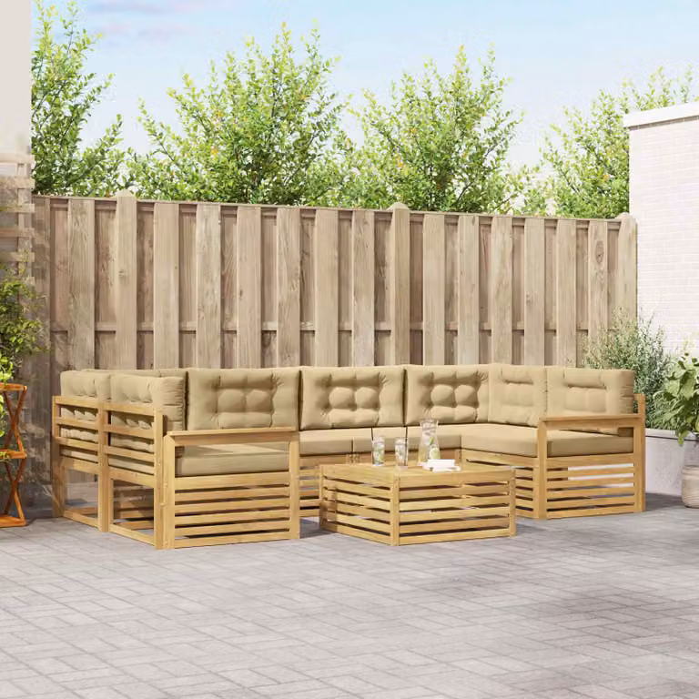 vidaXL Set di divani da esterno a L composto da 7 pezzi in legno di acacia con cuscini, Bianco e Beige