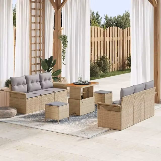 Set Divano da Giardino Moderno vidaXL a Forma a U in Acciaio Verniciato con Cuscini Beige e Grigio, 9 Pezzi