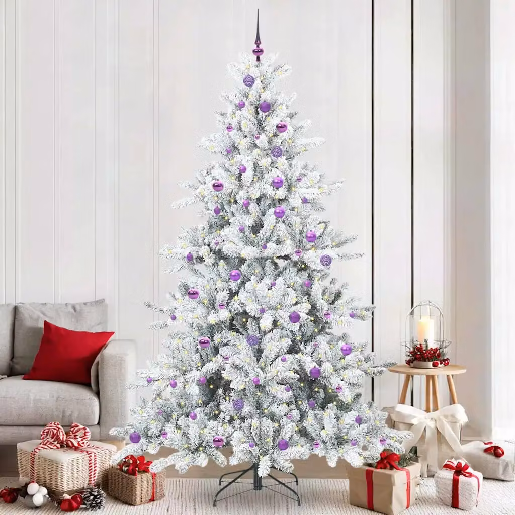 Albero di Natale Artificiale Moderno vidaXL Bianco con Luci LED Warm White e Rami Pieghevoli in PVC e Metallo, Altezza: 240 cm