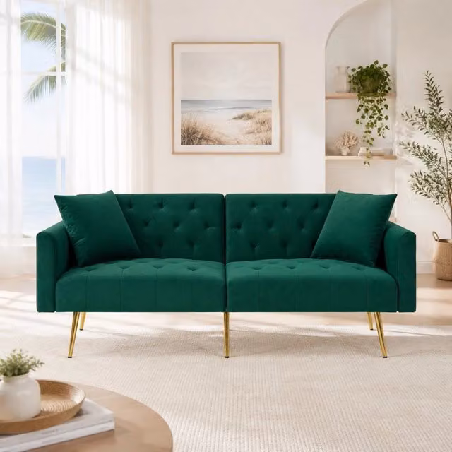 Divano a 2 posti 177x78x74 cm in velluto verde con schienale regolabile, per spazi piccoli –
