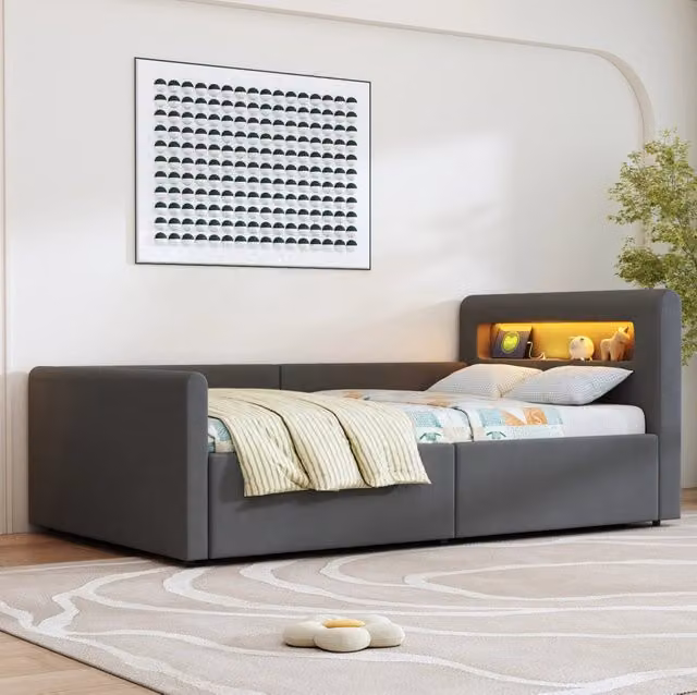 Letto imbottito 90x200 cm con LED; USB e contenitore in velluto grigio