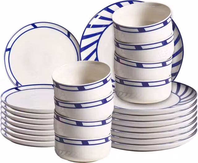 Servizio da tavola in porcellana bianco e blu 24 pezzi finitura smaltata bordo decorativo per 4 persone realizzato a mano per sala da pranzo e cucina