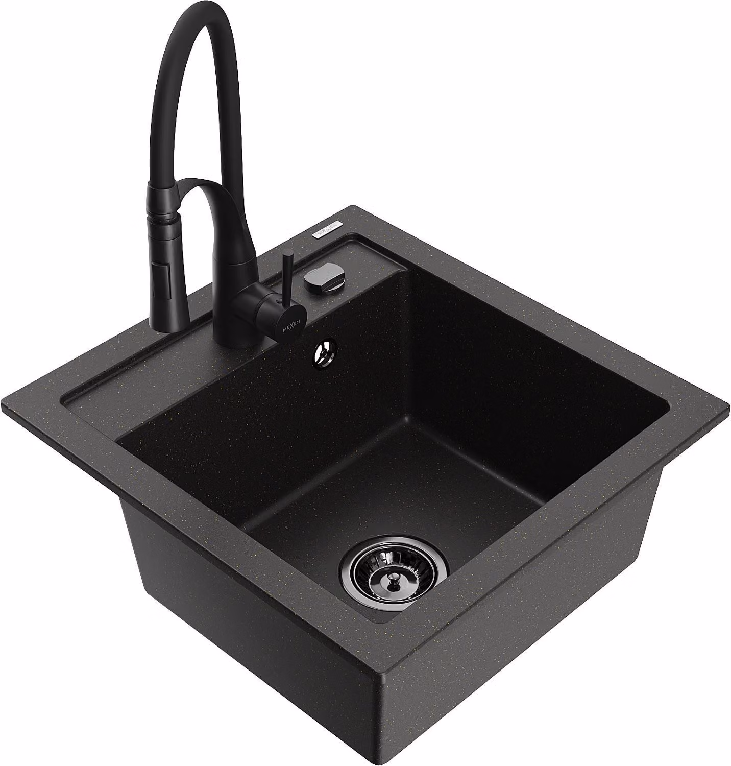 Mexen Vito lavello in granito a 1 vasca con rubinetto da cucina Aster, nero/oro metallizzato- 6503-75-73450-70-B