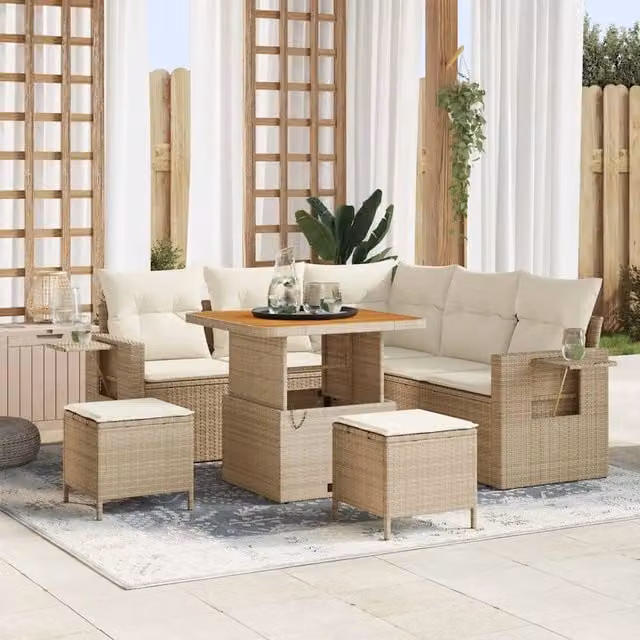 Set Divano da Giardino vidaXL 9 Pezzi Beige con Cuscini e Tavolino da Esterno a Forma di L – 1