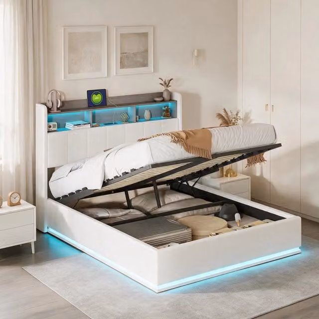 Letto matrimoniale 140x200 cm con contenitore LED USB testiera rete a doghe metallo legno e flanella - beige