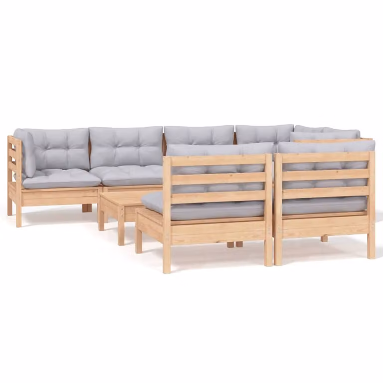 Set Divani da Giardino 8 pz con Cuscini Grigi Massello di Pino