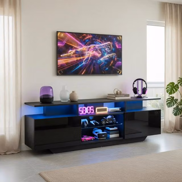 Cassettiera per TV moderna KOMHTOM in MDF e vetro nera con illuminazione integrata L: 160 cm, P: 40 cm, H: 45 cm