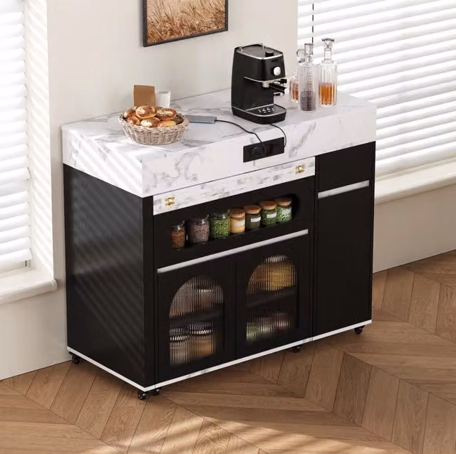 Isola da cucina ULEVR con piano estraibile, presa integrata, ruote e cassetto, MDF nero