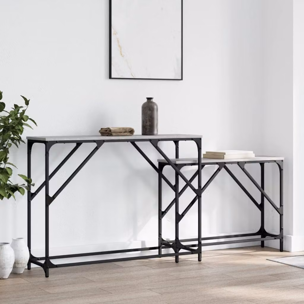 Set di 2 tavoli consolle impilabili vidaXL in legno multistrato e metallo, colore grigio Sonoma, stile industriale