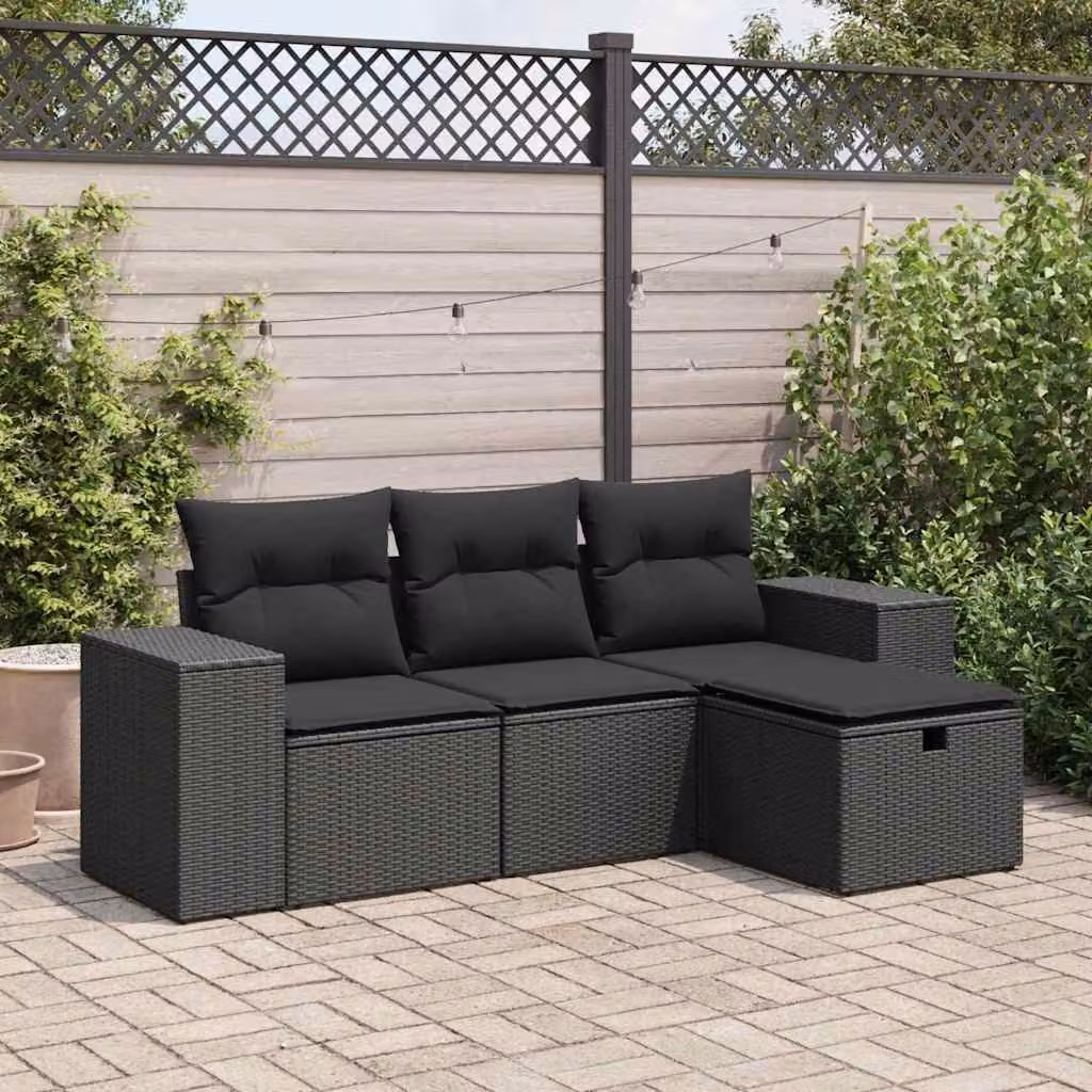 Set di divani da giardino vidaXL in polyrattan nero con cuscini, componibile a L per esterno