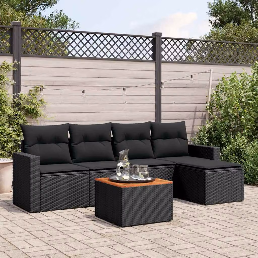 Set Divano da Giardino vidaXL 6 pz a Forma a L in Polyrattan Nero con Cuscini e Tavolino – 1