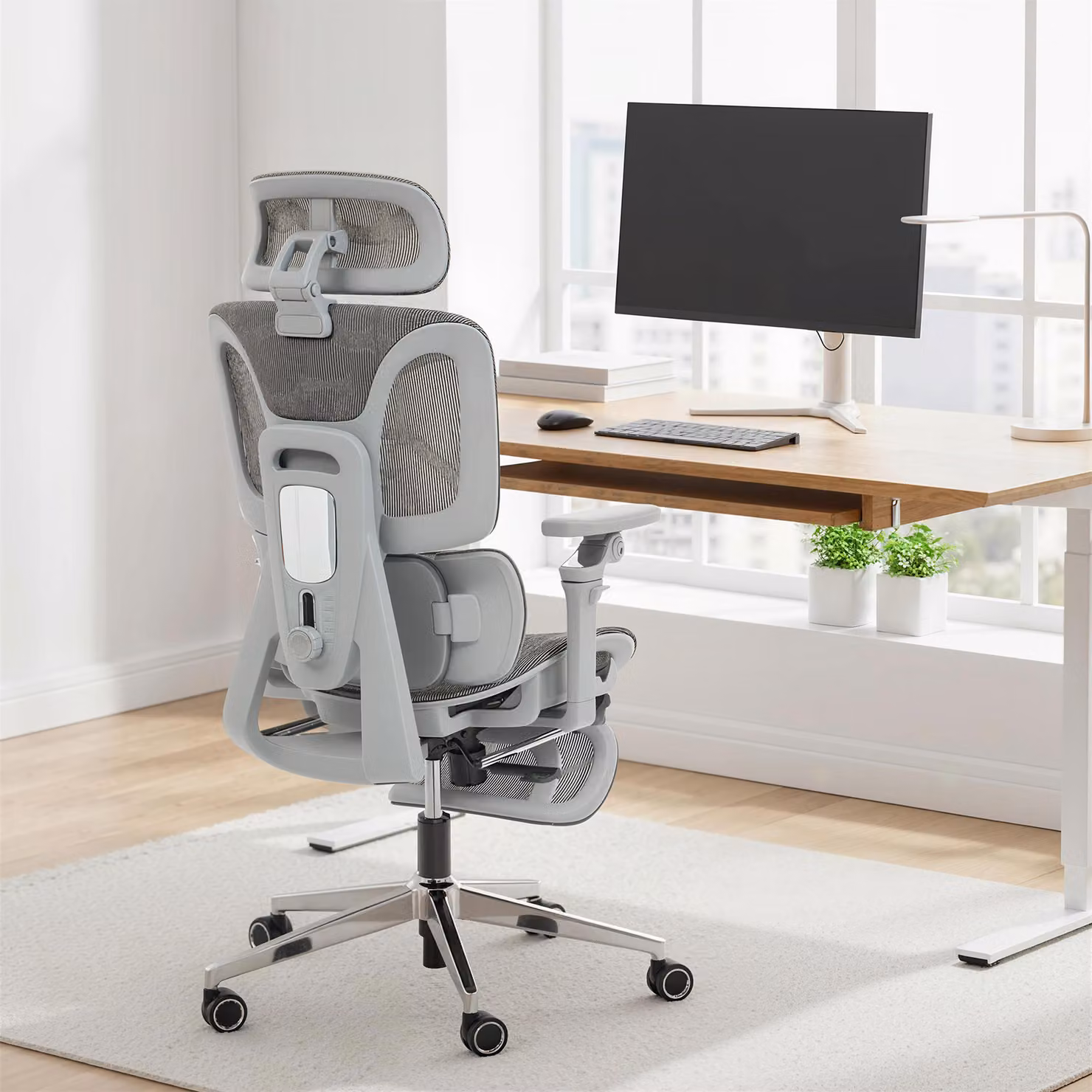 Sedia da ufficio ergonomica HOMCOM con poggiatesta e seduta regolabile in profondità, Grigio – 2