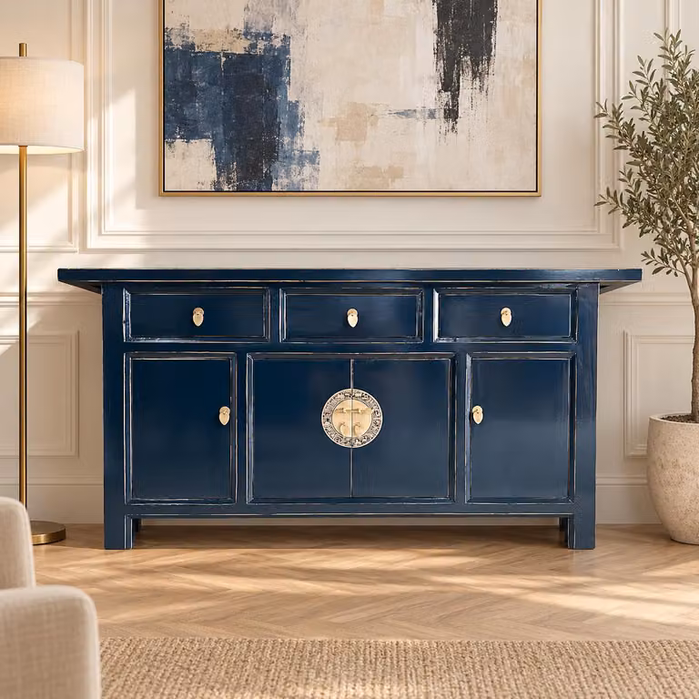Mobiletto contenitore, credenza, basso, stile asiatico, completo di montaggio, stile cinese, asiatico, orientale, blu scuro, buffet, mobile da portata, stile vintage
