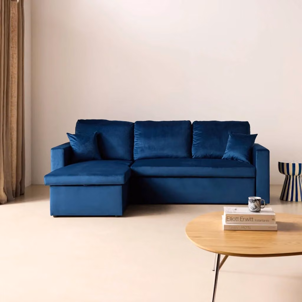 Divano letto angolare reversibile Sweeek in velluto blu con contenitore e funzione letto, 3 posti, L/P/H: 219 x 168 x 81 cm – 2