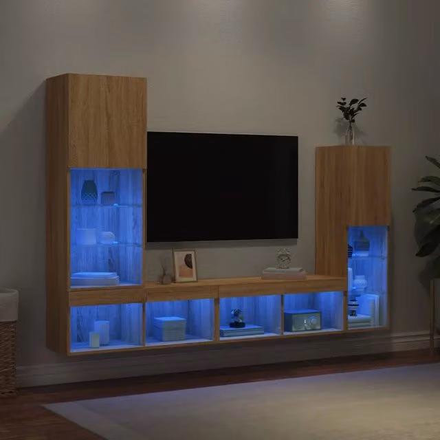 Mobili TV a Muro con LED 4 pz-Credenza per TV sospesa Rovere Sonoma Legno Multistrato 430357