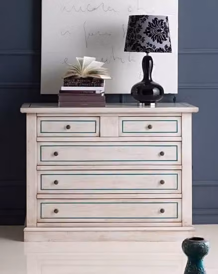 Cassettiera in legno di pino shabby chic Mobili 2G bianco anticato e azzurro L: 117 cm, P: 51 cm, H: 101 cm – 1