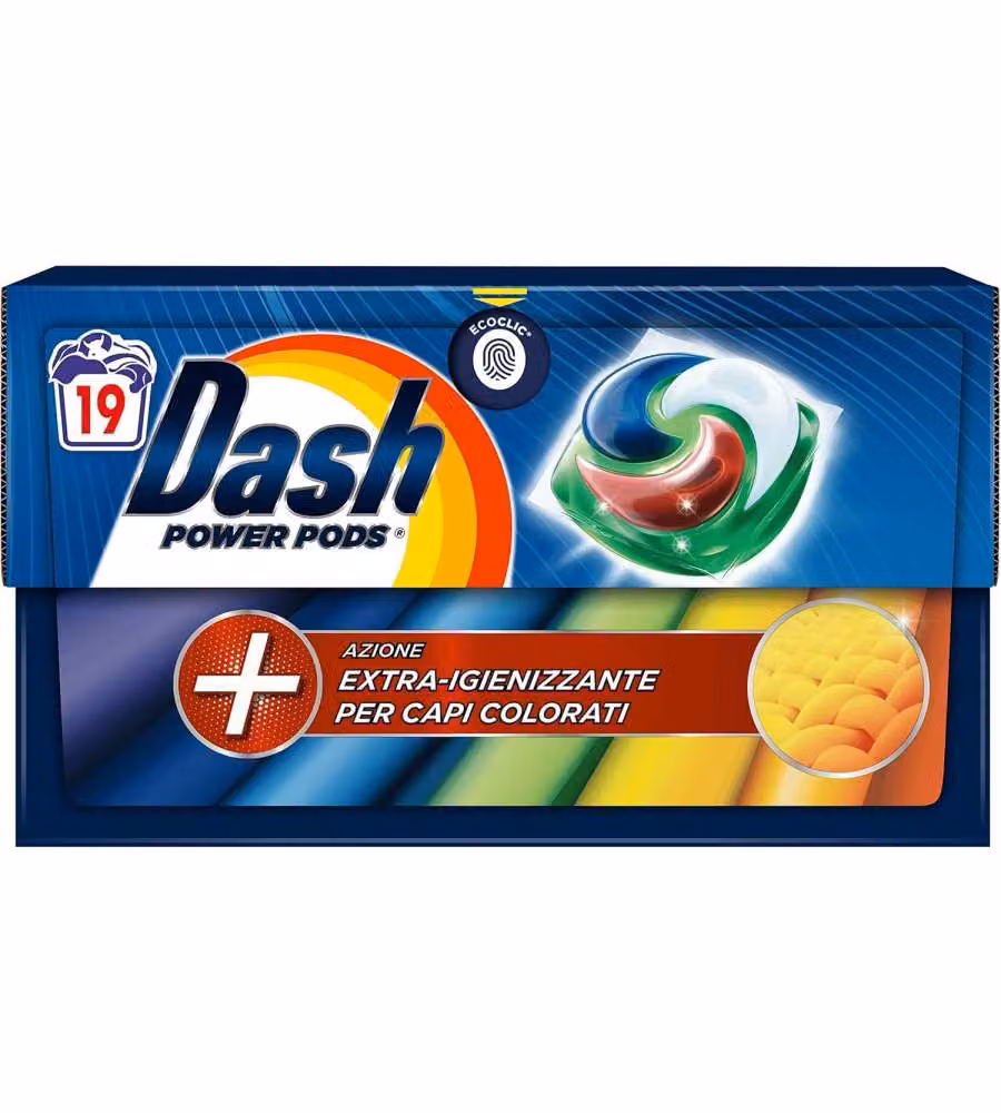 Dash Power Pods Detersivo Lavatrice 19 Capsule Colorati Igienizzanti