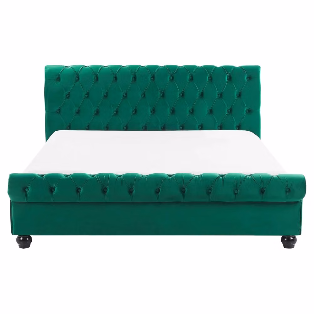 Letto Glam Beliani con rivestimento in velluto verde e gambe in legno di pioppo, L/P/H: 160 x 200 x 94 cm – 2
