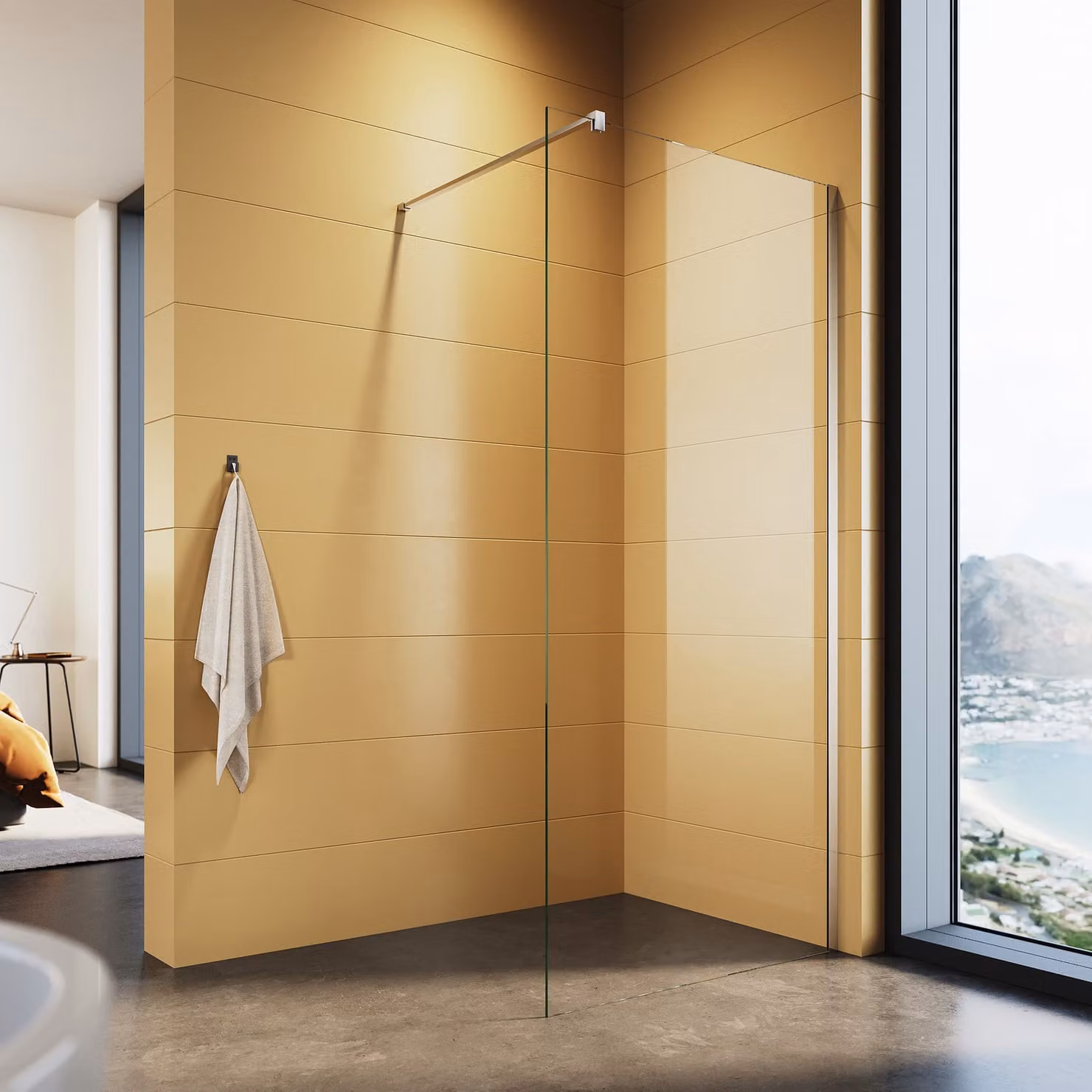 SONNI Schermo doccia walk in con maniglione 76x200cm, vetro di sicurezza temperato da 8 mm, con nano rivestimento, con range di regolazione, schermo doccia