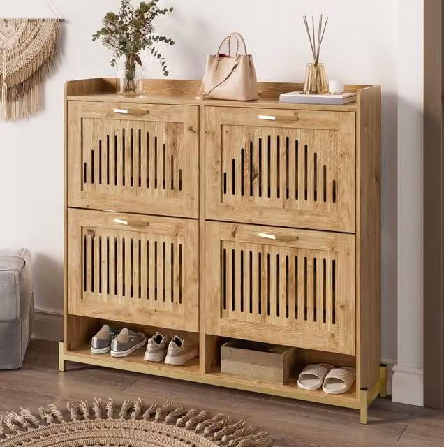 Armadio Porta Scarpe Compatto con 4 Ante in MDF e Struttura Metallica - Organizer Salvaspazio con Ripiano per Ingressi e Corridoi, 108,5x24x100 cm