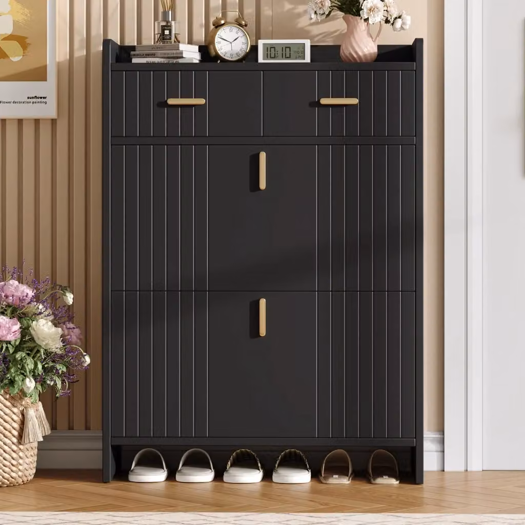 Scarpiera moderna per ingresso con 2 ante a ribalta, cassetto e vano aperto, in MDF nero opaco, L: 75 cm, P: 24 cm, H: 108.5 cm – 2