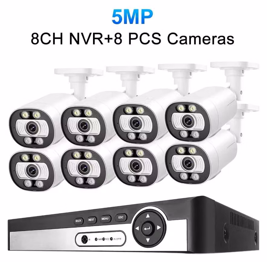 Sistema di telecamere di sicurezza a 8 canali, con telecamere IP da 5MP, dotate di riconoscimento facciale tramite intelligenza artificiale e visione notturna
