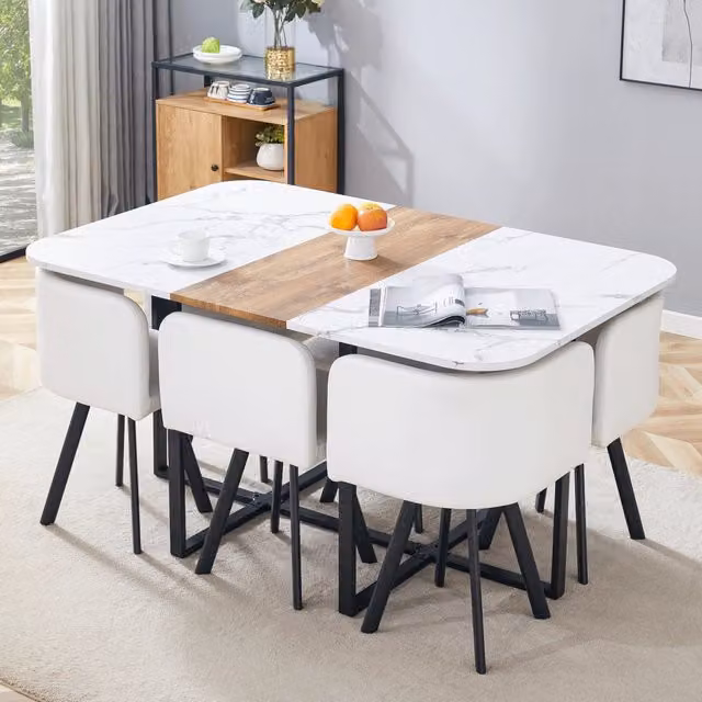 Set tavolo da pranzo e sedie con tavolo allungabile per 4-6 persone in MDF, metallo e PU bianco, nero e naturale