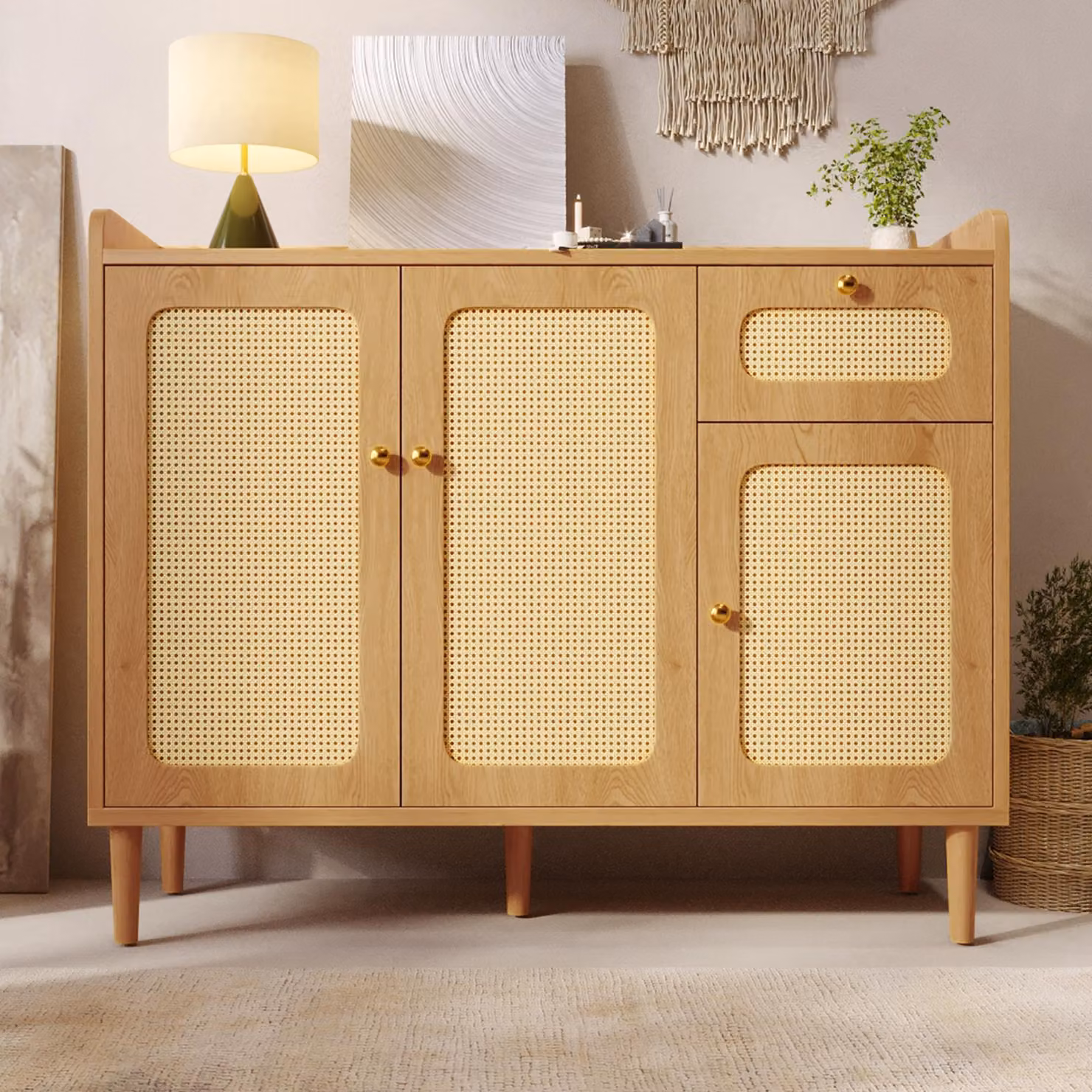 Mobile contenitore laterale Merax con decorazioni in rattan, credenza con 3 ante e 1 cassetto, armadietto contenitore con chiusura ammortizzata, ideale per soggiorno, cucina o ingresso, finitura effetto legno di quercia