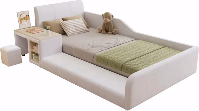 Letto bimbi 90x200 cm in velluto bianco con scrivania, sgabello, mensola, senza materasso