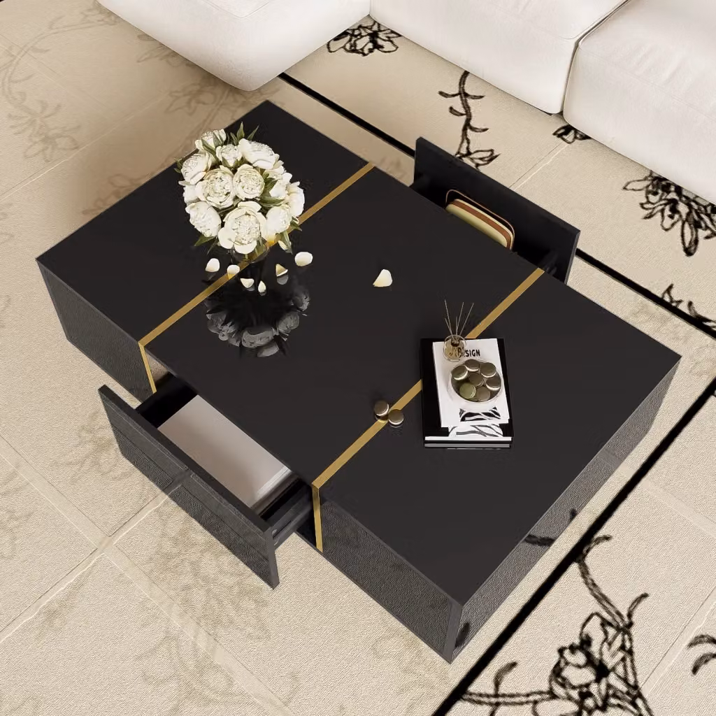 Tavolino moderno Zephmum nero lucido e oro con 2 cassetti L: 60 cm, P: 60 cm, H: 41,5 cm – 2