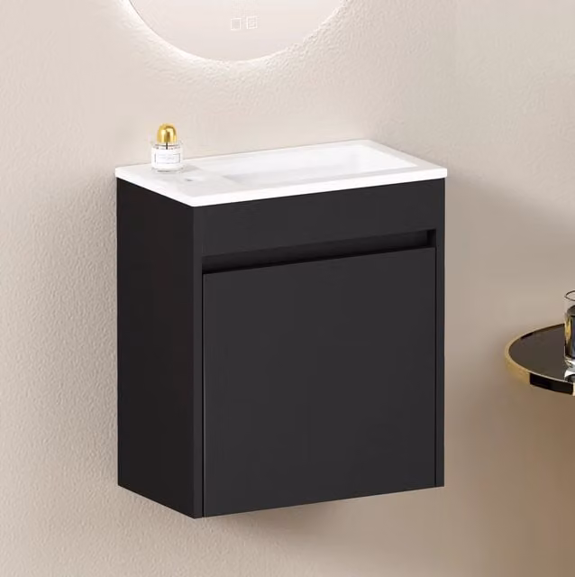 Mobile bagno nero compatto 46 cm con porta soft-close per chiusura silenziosa